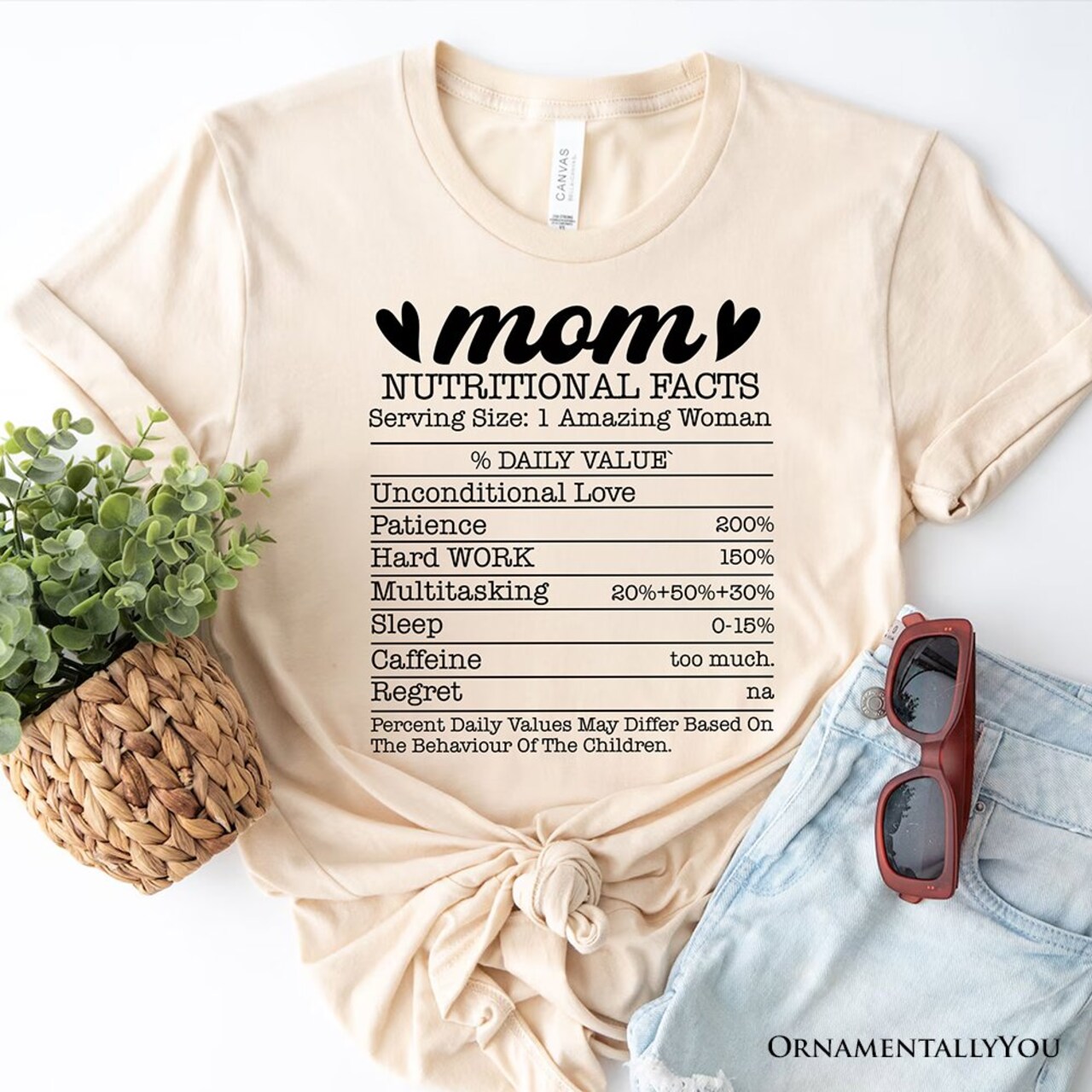 Mom Nutritional Facts Funny T-Shirt, White and Natural Mom Life Tee for Exhausted and Caffeinated Mothers